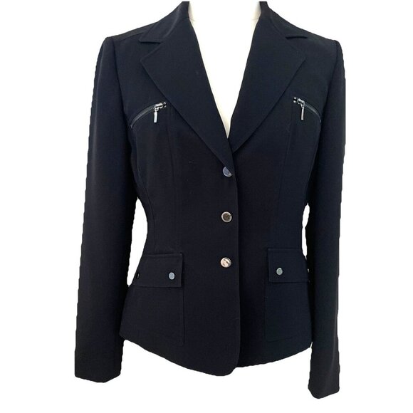 Tahari Authur S Levine Snap Front Jacket Blazer Sz 4P Black Zip Pockets Moto - Picture 1 of 9